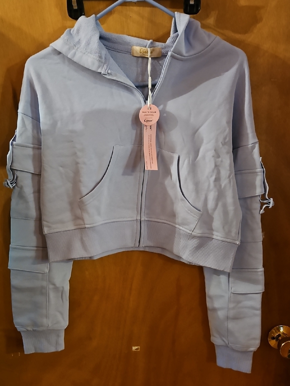 Cropped Light Blue Hooded Bomber Jacket